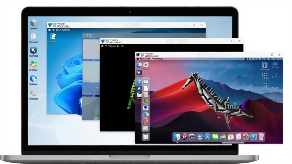 一台笔记本电脑屏幕上同时显示多个虚拟机窗口,分别运行 Windows、Linux 和 macOS 桌面,窗口层叠排列,界面带有 VMware Workstation 标志,风格简洁商务,画质清晰,干净无多余元素