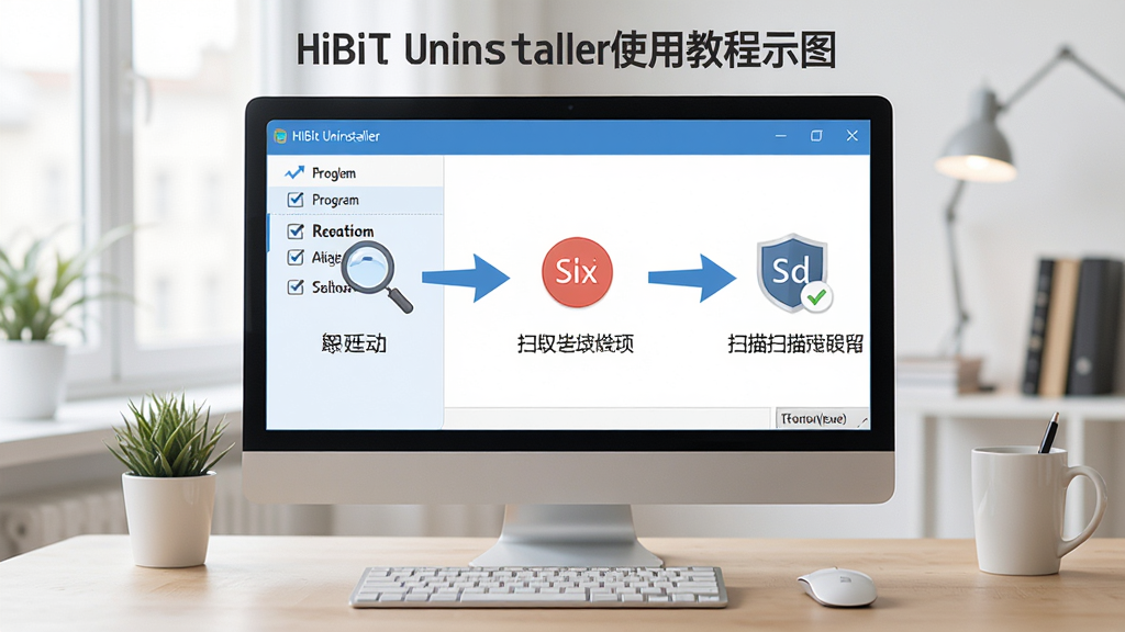 HiBit Uninstaller使用教程示意图,画面展示电脑屏幕上软件操作步骤,从选中程序到点击卸载再到扫描残留的流程,配有箭头指引,界面清晰,风格简洁,背景为办公桌面,画质高清,干净无多余元素
