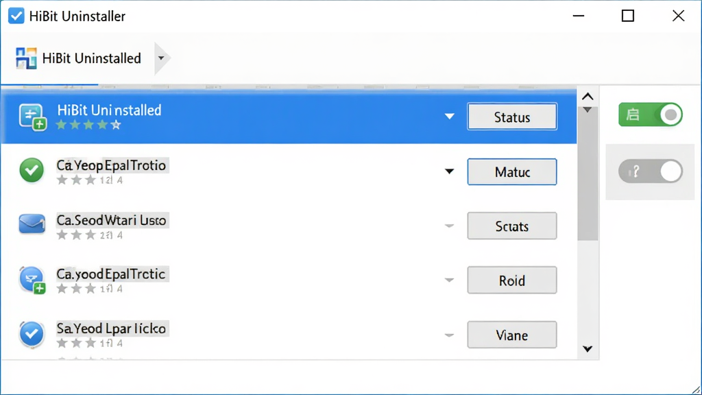 HiBit Uninstaller启动项管理界面图,画面中显示启动项列表,每项带有状态标识和操作按钮,右侧有启用禁用开关,界面风格专业简洁,蓝色高亮选中项,背景干净,画质高清,干净无多余元素