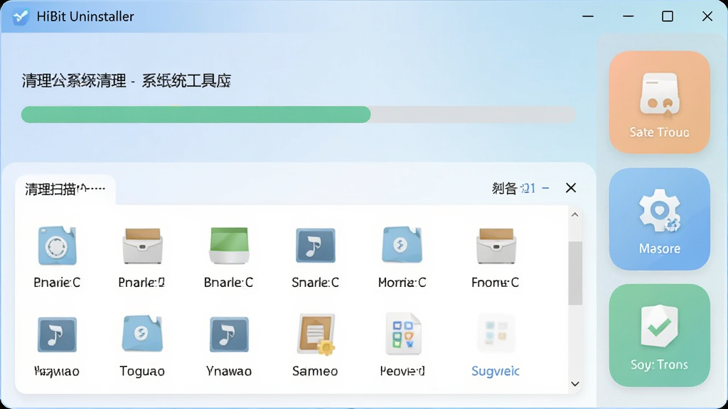 HiBit Uninstaller垃圾清理与系统工具界面图,画面展示清理扫描进度和各类垃圾文件分类,旁边有系统工具快捷入口图标,界面设计直观,色彩柔和,背景简洁,画质高清,干净无多余元素