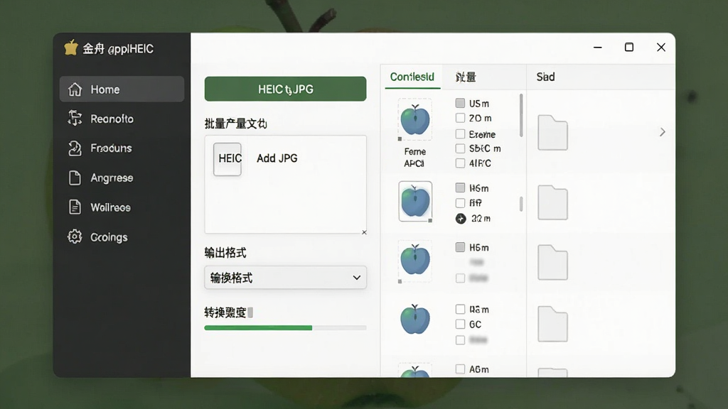 一张展示金舟苹果HEIC图片转换器软件界面的图片,主体为软件主窗口,布局为左侧功能导航栏和右侧文件列表区域,排版整齐清晰,风格为现代简约科技风,细节包括HEIC转JPG按钮、批量添加文件区域、输出格式选择下拉菜单、转换进度条等元素,画质高清,干净,无多余元素