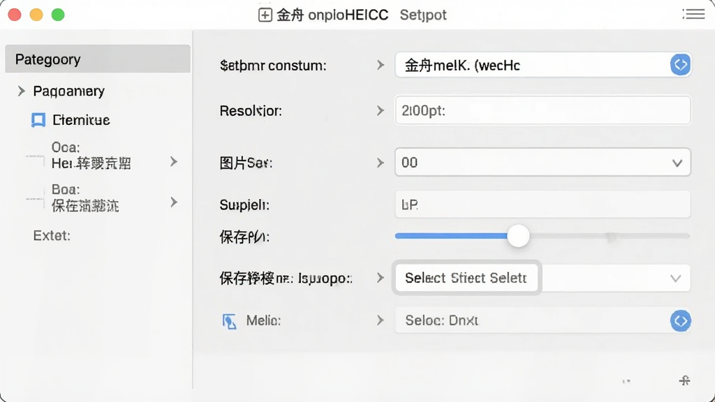 一张展示金舟苹果HEIC图片转换器输出参数设置界面的图片,主体为软件设置面板,布局为左侧参数分类和右侧详细选项,排版为表单式布局,风格为极简工具风,细节包括输出格式下拉菜单、分辨率输入框、图片质量滑块、保存路径选择按钮等,画质高清,干净,无多余元素