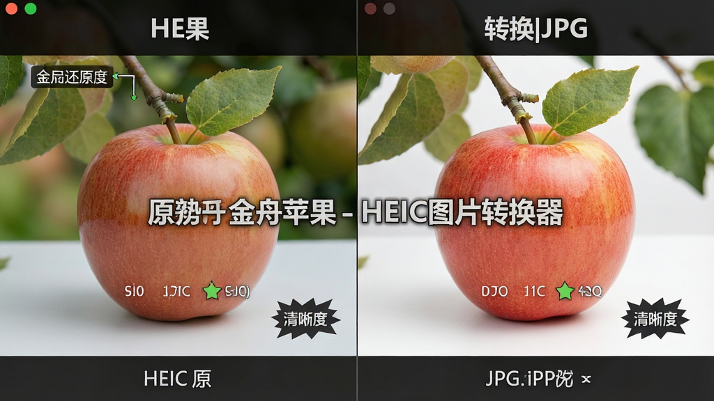 一张展示金舟苹果HEIC图片转换器无损画质对比效果的图片,主体为左右分屏对比展示,布局为左侧HEIC原图、右侧转换后JPG图片,排版为并排对比式,风格为专业摄影评测风,细节包括色彩还原度标注、清晰度对比标识、软件名称