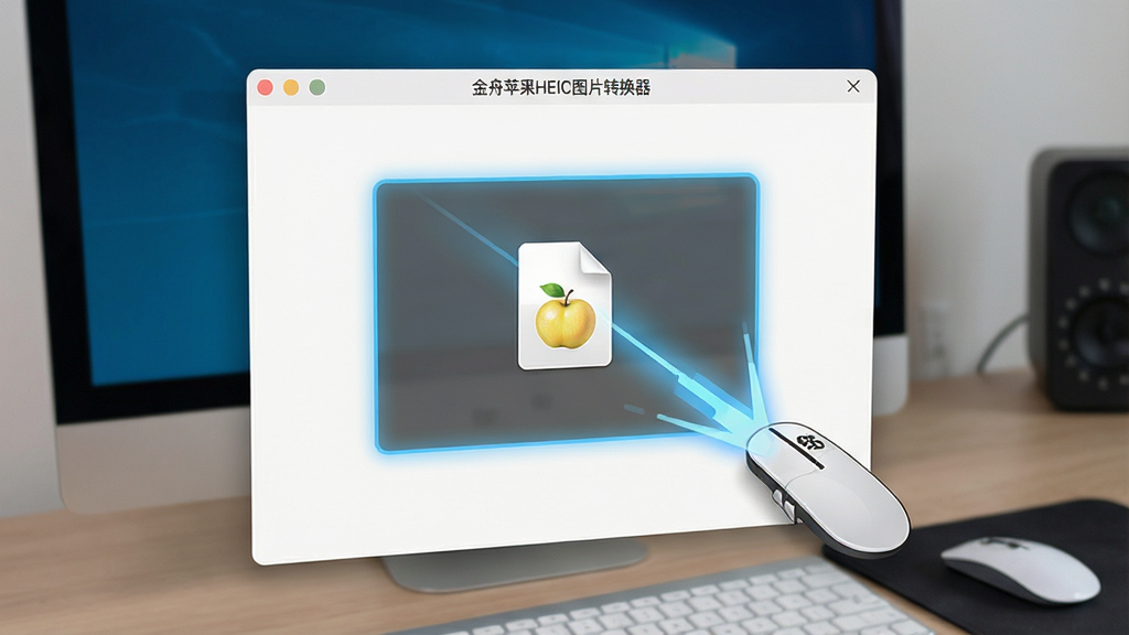 一张展示金舟苹果HEIC图片转换器拖拽操作功能的图片,主体为电脑桌面场景,布局为鼠标拖拽HEIC文件到软件窗口的瞬间,排版为动态捕捉式,风格为科技感操作演示风,细节包括拖拽轨迹线、文件图标、软件窗口高亮提示区域、