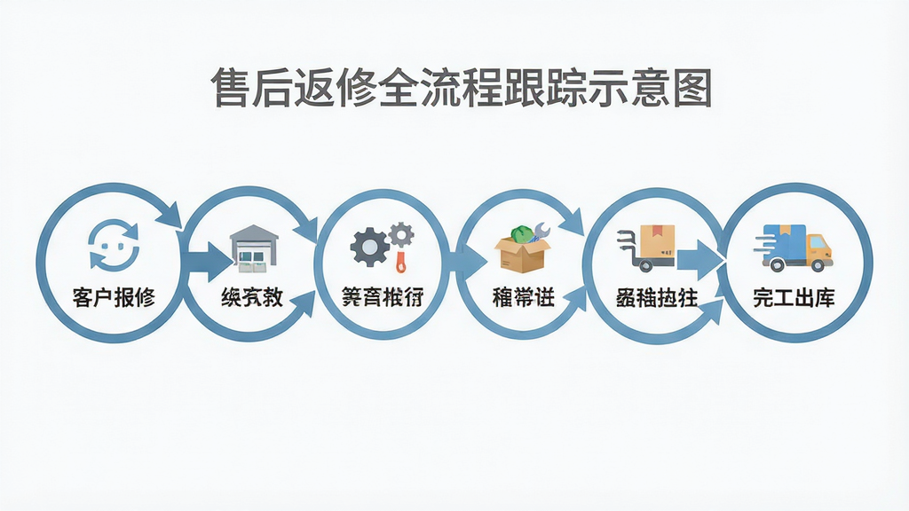 售后返修全流程跟踪示意图,主体为一条从“客户报修”到“完工出库”的横向流程图,布局为六个圆形节点用箭头串联,排版居中,风格为扁平化信息图,细节上每个节点配有简洁图标和文字说明,画质高清,干净,无多余元素