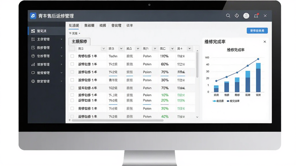 软件界面全貌展示,主体为电脑屏幕中央显示青丰售后返修管理软件的主操作界面,布局包含左侧功能导航栏、顶部菜单栏、中间数据表格区域和右侧统计图表,排版整齐清晰,风格为现代商务简约风,细节上表格内有多条返修记录,图表显示维修完成率,画质高清,干净,无多余元素