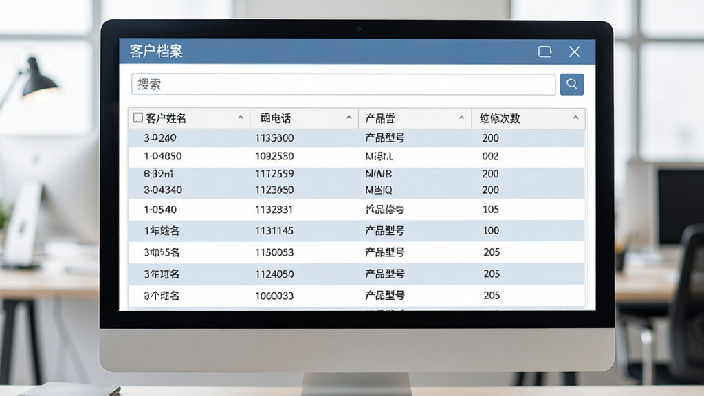 客户信息管理界面展示,主体为电脑屏幕上显示的客户档案列表,布局为上方搜索栏、下方表格列出客户姓名、电话、产品型号、维修次数,排版整齐,风格为现代办公软件界面,细节上表格行有交替底色,画质高清,干净,无多余元素