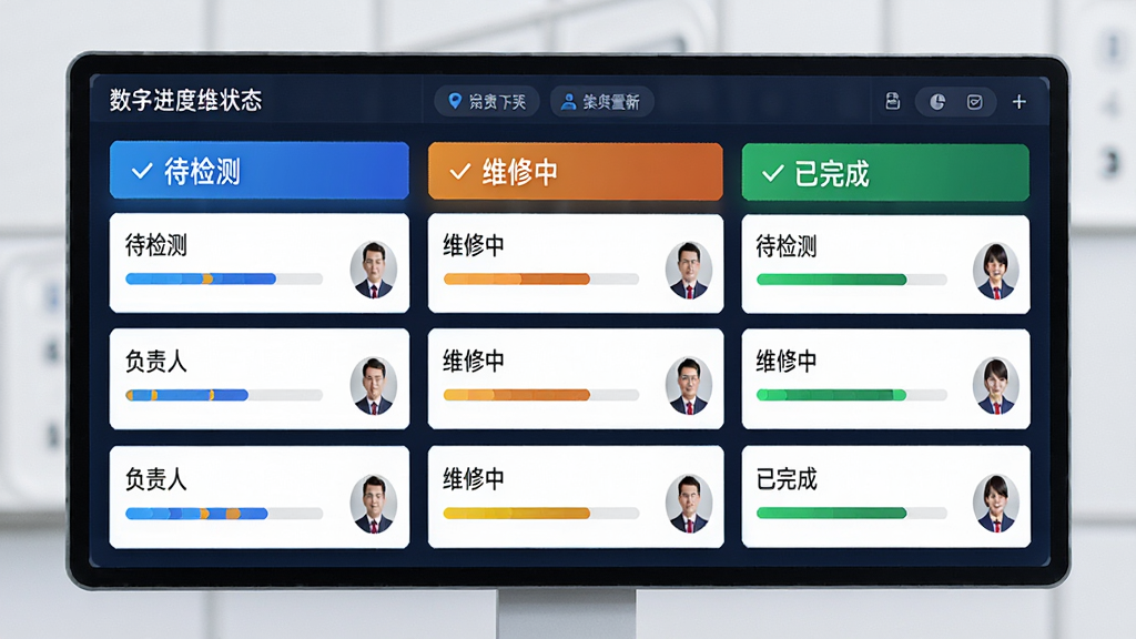 维修进度实时更新看板,主体为一块电子看板显示多条维修单的状态标签,布局为三列分别显示“待检测”“维修中”“已完成”,排版清晰,风格为数字化管理看板,细节上每条记录有进度条和负责人头像,画质高清,干净,无多余元素