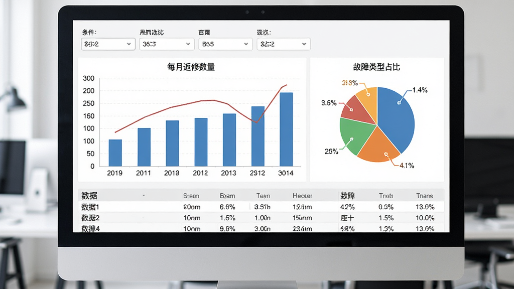 数据统计报表界面,主体为电脑屏幕显示柱状图和饼图,布局为上方筛选条件、中间图表区域、下方数据表格,排版专业,风格为商务数据分析界面,细节上柱状图显示每月返修数量,饼图显示故障类型占比,画质高清,干净,无多余元素