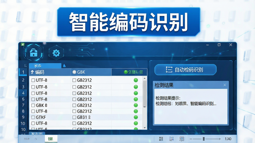 一张展示excel表格乱码修复工具智能编码识别功能的图片,画面中央是软件界面,上方显示“智能编码识别”标题,下方展示多种编码格式选项如UTF-8、GBK、GB2312等,旁边有自动检测按钮和检测结果提示,界面风格为科技感蓝色调,布局清晰,排版整齐,细节包含编码列表和状态指示灯,画质高清,干净无多余元素