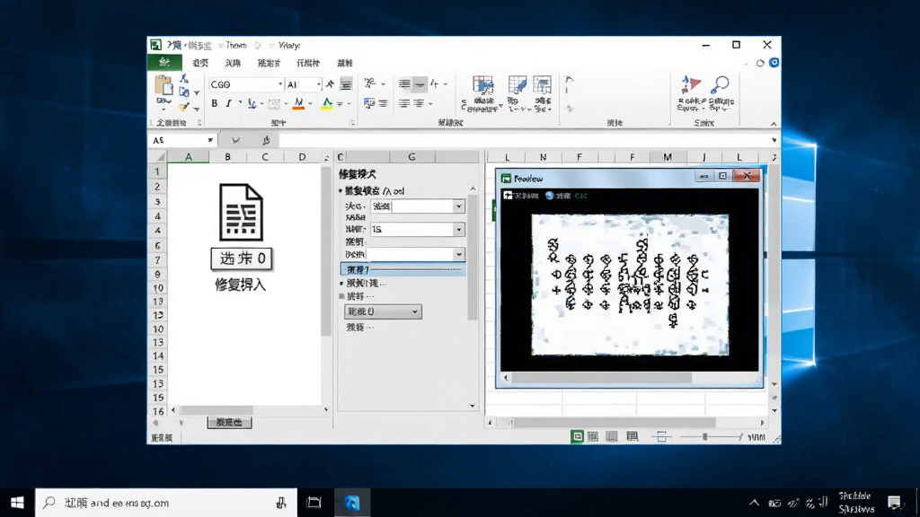 一张展示excel表格乱码修复工具在Windows电脑上运行的图片,画面中央是软件操作界面,显示文件导入、修复模式选择和预览窗口,界面风格为专业办公软件风格,布局清晰,排版合理,细节包含菜单栏、按钮和状态提示,画质高清,干净无多余元素