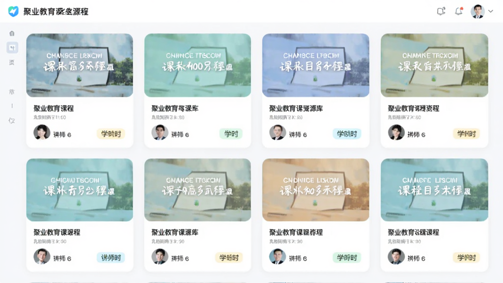 聚业教育课程资源库界面展示,画面主体为软件课程列表页,布局采用网格卡片式排列,每张卡片包含课程封面、标题、讲师头像和学时标签,排版整齐有序,风格清新明亮,细节上卡片色彩柔和、图标精致,画面干净整洁,画质高清,无多余元素