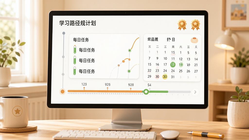 聚业教育个性化学习计划页面,画面主体为学习路径规划界面,布局采用时间轴与进度条结合的形式,排版层次分明,风格温馨励志,细节上屏幕显示每日任务清单、打卡日历和成就徽章,画面干净明亮,画质高清,无多余元素