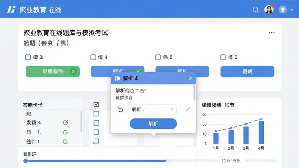 聚业教育在线题库与模拟考试功能界面,画面主体为答题页面,布局上方是题目区域和选项按钮,下方是答题卡和进度条,排版清晰直观,风格简洁高效,细节上屏幕显示对错标记、解析弹窗和成绩图表,画面干净利落,画质高清,无多余元素