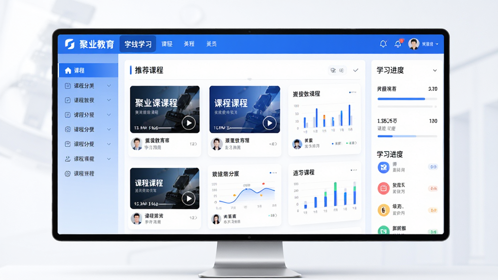 聚业教育在线学习平台主界面全貌展示,画面中央是软件首页大屏,主体为蓝白色调的学习仪表盘,布局包含顶部导航栏、左侧课程分类菜单、中部推荐课程卡片和右侧学习进度面板,排版整齐清晰,风格现代简约商务,细节上屏幕内呈现课程封面、播放按钮、数据图表等元素,画面干净明亮,画质高清,无多余元素
