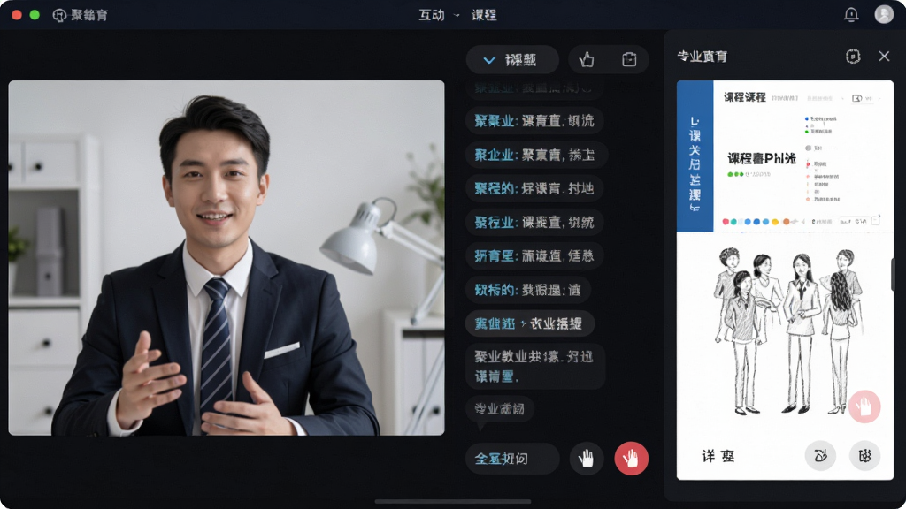聚业教育直播课堂互动场景界面,画面主体为直播授课页面,布局左侧是讲师视频画面,右侧是聊天互动区和课件展示区,排版分区明确,风格专业沉稳,细节上屏幕呈现弹幕消息、举手提问按钮和课程PPT,画面干净清晰,画质高清,无多余元素