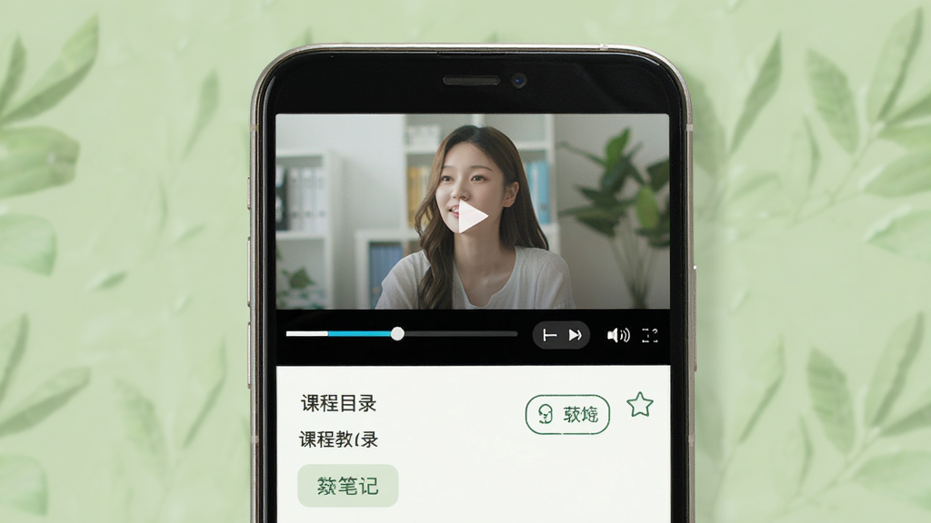 聚业教育移动端学习界面操作展示,画面主体为手机屏幕内展示课程播放页面,布局上方是视频播放区,下方是课程目录和笔记按钮,排版简洁明了,风格清新自然,细节上屏幕显示进度条、倍速按钮和收藏图标,画面干净整洁,画质高清,无多余元素