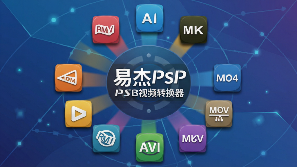 一张展示多种视频格式图标环绕的图片,画面中心为“易杰PSP视频转换器”软件标志,四周分布着RMVB、AVI、MKV、MOV、MP4等格式的彩色图标,布局呈圆形放射状,风格为扁平化科技风,细节包括图标阴影和渐变背景,画质清晰,干净,无多余元素