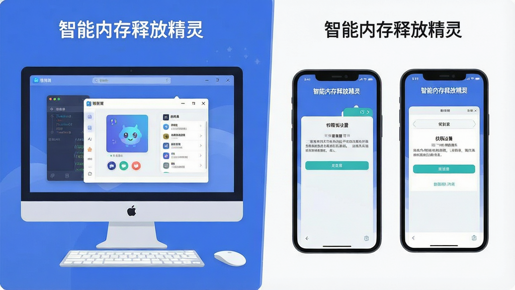 一张智能内存释放精灵在电脑和手机双端使用的对比示意图,主体为左侧电脑屏幕显示软件界面、右侧手机屏幕显示移动端界面,布局为左右并列对比,排版清晰,风格为扁平化插图风格,细节包括电脑端悬浮窗、手机端权限设置页面、软件名称“智能内存释放精灵”在两端界面顶部,画质为高清,画面干净无多余元素