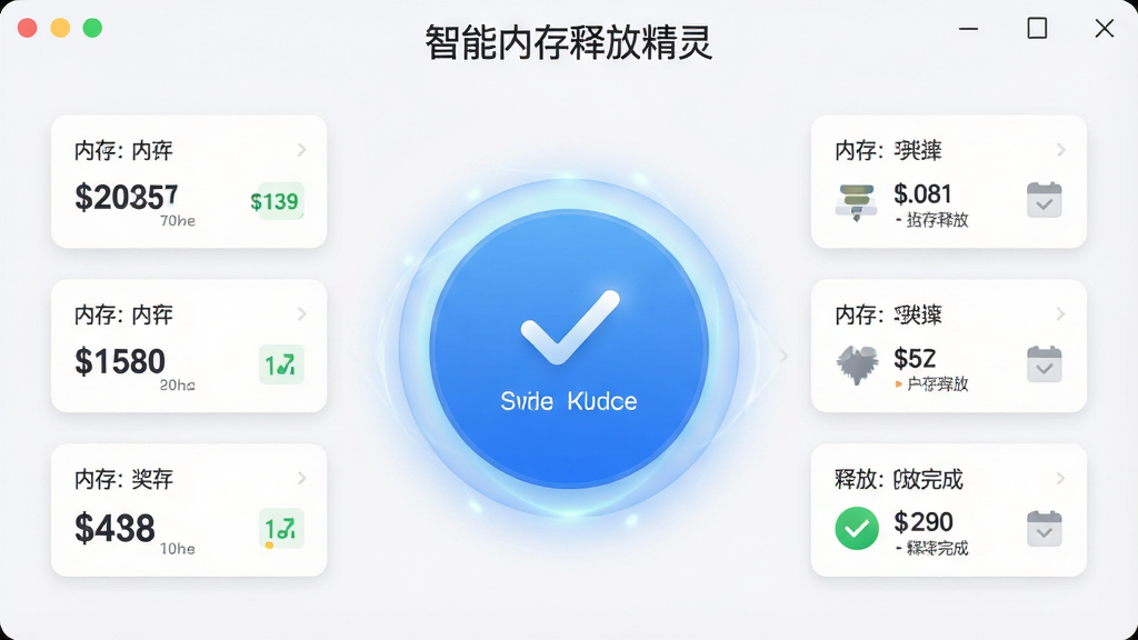 一张智能内存释放精灵一键释放功能的展示图,主体为软件中央超大圆形释放按钮,布局为按钮居中、周围环绕内存数据小卡片,排版对称,风格为极简清爽设计,细节包括按钮按下时的光效反馈、释放完成后的对勾图标、软件名称“智能内存释放精灵”位于顶部,画质为高清,画面干净无杂乱元素