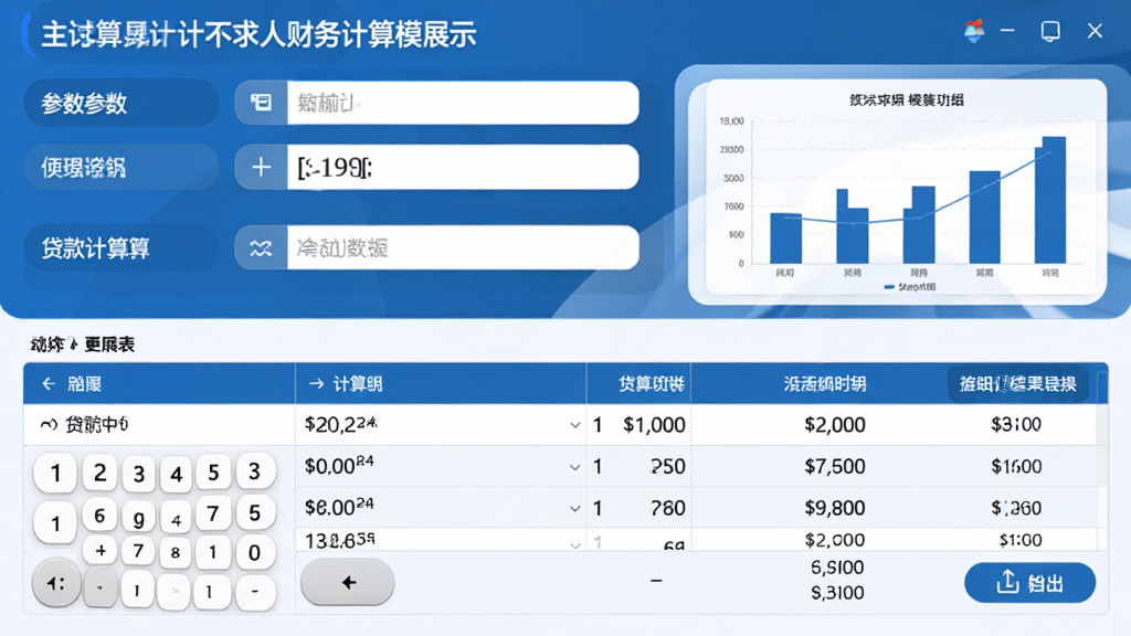 计算不求人财务计算模块展示,主体为贷款计算器与结果表格,布局为上方参数输入下方明细列表,排版整齐规范,风格为商务蓝白配色,细节包括数字键盘、图表预览、导出按钮,画质高清,干净,无多余元素