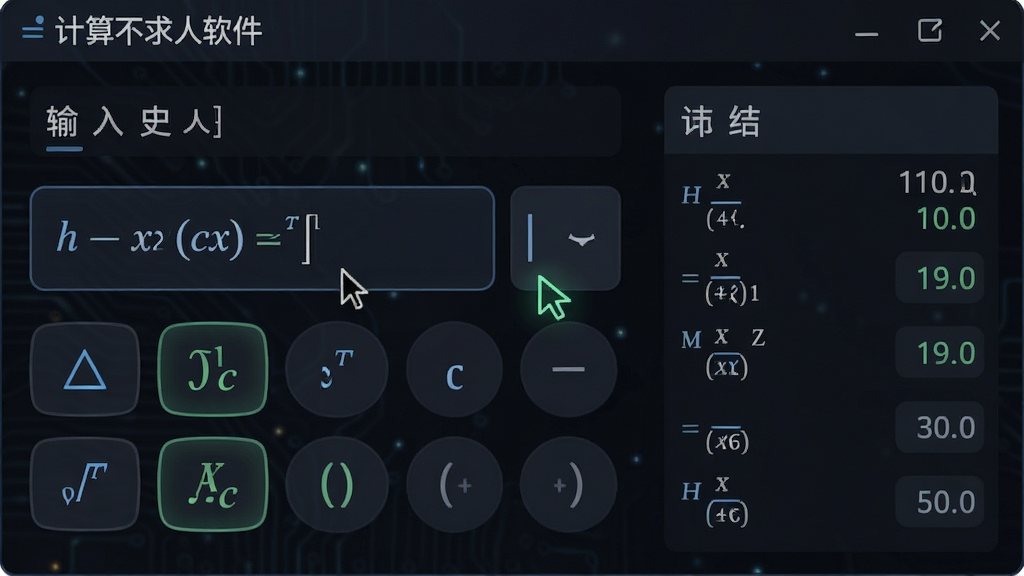 计算不求人软件内科学计算模式特写,主体为公式输入框与实时结果展示区,布局采用上下结构,排版左侧显示输入历史右侧显示计算结果,风格为科技感深色主题,细节包括三角函数按钮、括号高亮、光标闪烁效果,画质高清,干净,无多余元素