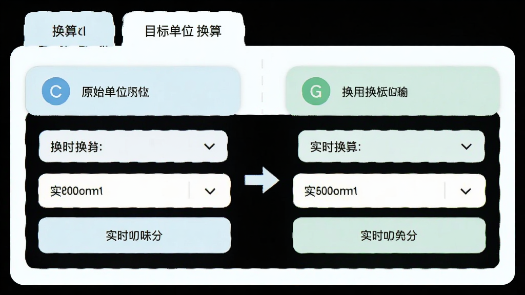 计算不求人单位换算功能界面,主体为分类选项卡与换算输入输出框,布局为左右两栏对照式,排版左侧选择原始单位右侧显示目标单位,风格为清新浅色卡片设计,细节包括单位图标、下拉菜单、实时换算箭头,画质高清,干净,无多余元素