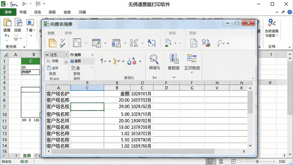 一张展示无师通票据打印软件批量导入数据功能的图片,主体为软件界面中Excel表格数据导入向导窗口,布局为上方文件选择下方数据预览表格,排版规范有序,风格为办公软件风,细节包括表格中显示多行客户名称、金额、日期等字段,画质高清干净无多余元素。
