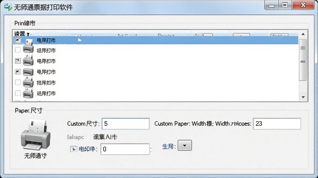 一张展示无师通票据打印软件打印机设置界面的图片,主体为软件窗口中的打印机选择与纸张配置面板,布局为上方打印机列表下方纸张尺寸参数,排版清晰,风格为系统设置风,细节包括显示针式打印机图标与自定义纸张宽高输入框,画质高清干净无多余元素。