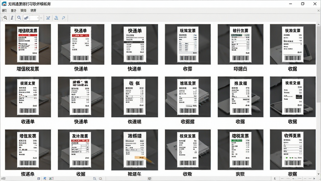 一张展示无师通票据打印软件模板库界面的图片,主体为软件窗口内排列整齐的票据模板缩略图,布局采用网格状陈列,排版清晰分类明确,风格为简约商务风,细节包括每个模板下方标注名称如增值税发票、快递单、收据等,画质高清干净无多余元素。