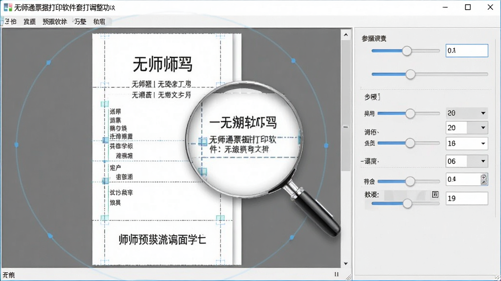 一张展示无师通票据打印软件套打调整功能的图片,主体为软件界面中的打印预览与参数调节面板,布局为左侧预览右侧调节滑块与数值输入框,排版直观易操作,风格为实用工具风,细节包括屏幕显示票据格线与文字对齐的放大示意图,画质高清干净无多余元素。
