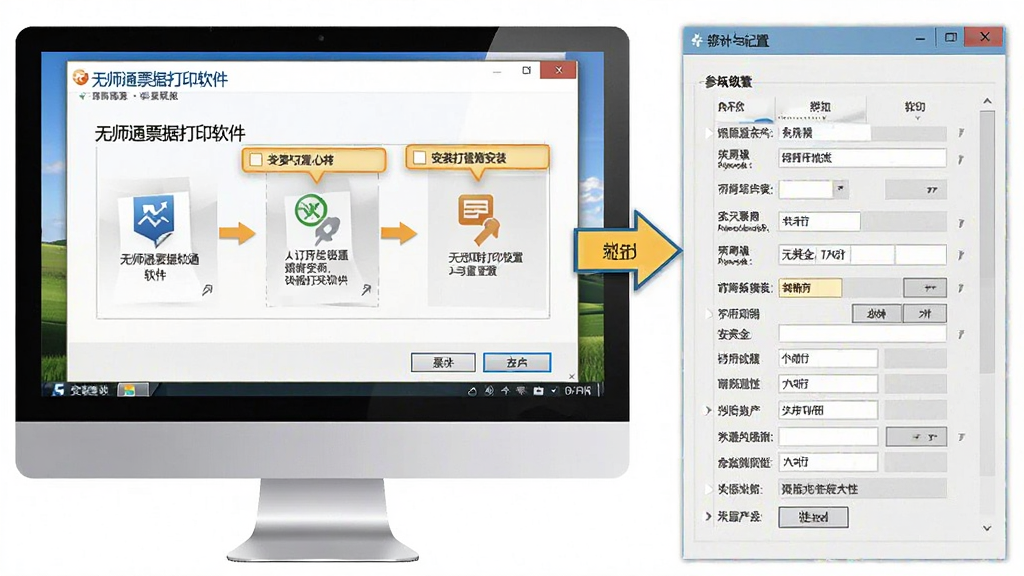 一张展示无师通票据打印软件安装与设置流程的图片,主体为电脑屏幕显示安装向导界面和打印设置面板的合成图,布局为左侧安装步骤右侧参数配置,排版清晰分步,风格为教程图解风,细节包括箭头指引和重点标注框,画质高清干净无多余元素。