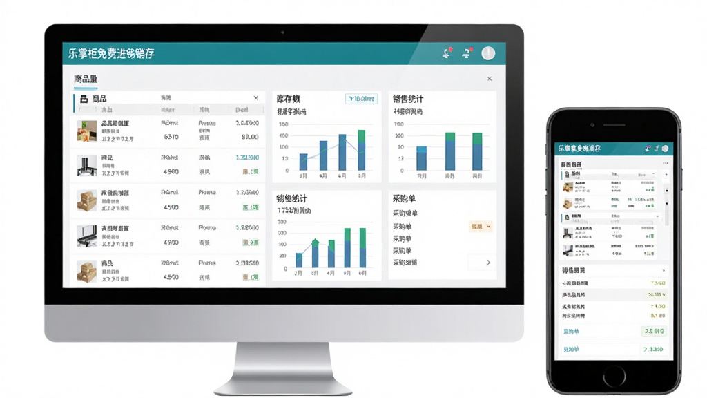 软件名称“乐掌柜免费进销存”主界面全景图,主体为电脑屏幕与手机屏幕并列展示进销存管理界面,布局采用左右分栏排版,风格简洁商务,细节包含商品列表、库存数量、销售统计图表、采购单据等模块,画质高清,干净,无多余元素