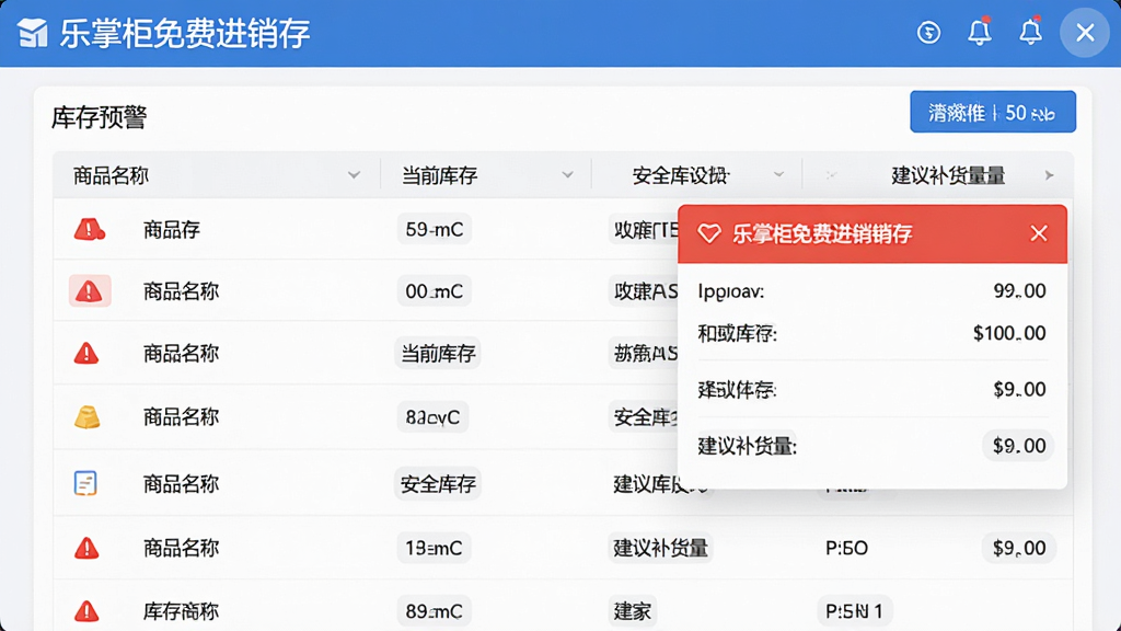 软件名称“乐掌柜免费进销存”库存预警功能界面,主体为库存列表与预警弹窗,布局采用居中卡片式排版,风格清爽,细节包含红色预警标识、商品名称、当前库存、安全库存、建议补货量等,画质高清,干净,无多余元素