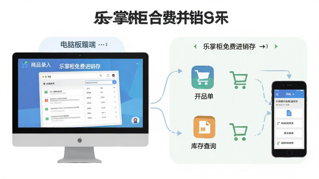 软件名称“乐掌柜免费进销存”新手操作教程示意图,主体为电脑端与手机端分步操作指引,布局采用流程图式排版,风格扁平化,细节包含商品录入、开单、库存查询、报表导出等步骤图标,画质清晰,干净,无多余元素