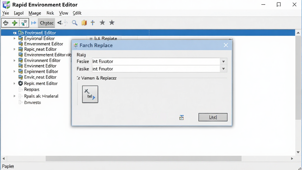 一张 Rapid Environment Editor 批量替换操作界面图,画面中弹出查找替换对话框,背景为路径列表,界面风格现代简约,带有软件名称 Rapid Environment Editor,细节清晰,画质干净,无多余元素。