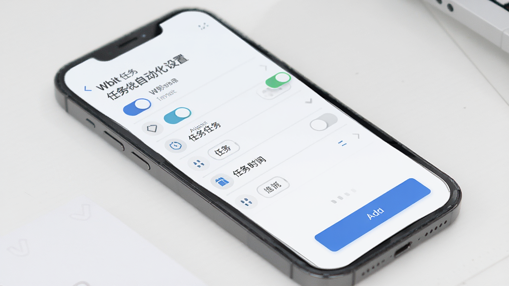 Wbit任务自动化设置页面,主体为手机屏幕,布局为任务列表与添加按钮,排版简洁,风格为浅色商务风,细节包括开关控件、时间选择器、任务图标,画质高清,干净,无多余元素