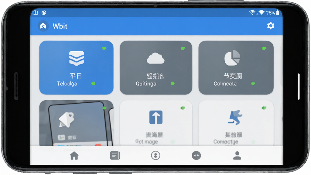 Wbit软件主界面全貌展示,主体为一部安卓手机屏幕,屏幕上显示Wbit应用首页,布局包含顶部状态栏、中部功能卡片区、底部导航栏,排版整齐清晰,风格为现代科技感扁平化设计,细节包括蓝灰配色、圆角图标、连接状态指示灯,画质高清,干净,无多余元素