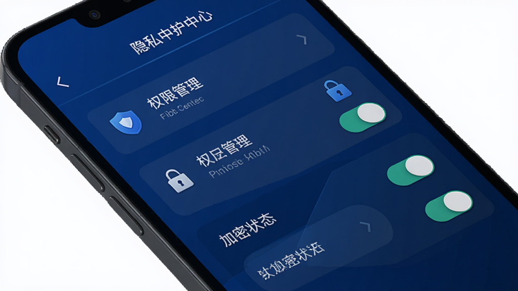 Wbit隐私保护功能界面,主体为手机屏幕显示安全中心页面,布局为权限管理列表与加密状态标识,排版清晰,风格为深蓝安全风,细节包括盾牌图标、锁形标识、权限开关,画质高清,干净,无多余元素