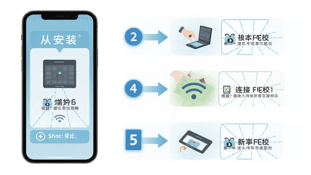 Wbit新手操作流程图,主体为手机屏幕展示从安装到连接的步骤,布局为纵向时间轴式排列,排版清晰,风格为扁平化教程风,细节包括步骤编号、箭头引导、图标示意,画质高清,干净,无多余元素