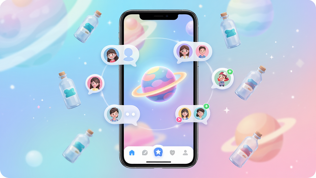 趣爱星球App主界面全貌展示,手机屏幕中呈现星球主题的社交大厅,中央有发光的星球图标,周围环绕着用户头像气泡和漂流瓶元素,底部导航栏清晰可见,整体布局居中对称,风格清新梦幻,细节包含柔和的渐变背景、圆润的卡片设计、明亮的色彩搭配,画质高清,干净无多余元素