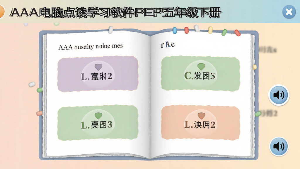 一张展示“AAA电脑点读学习软件PEP五年级下册”主界面的截图风格图片,画面中央是打开的英语课本页面,页面上有多个可点击的单词和句子,旁边有发音按钮和音量调节图标,界面色彩柔和,布局清晰,风格简洁现代,画质清晰干净