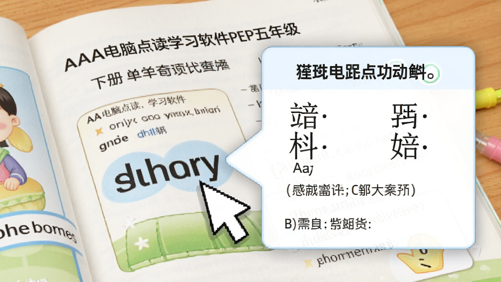 一张展示“AAA电脑点读学习软件PEP五年级下册”单词查询功能的图片,画面中鼠标点击课本上的英文单词,弹出包含中文释义、音标和例句的卡片式窗口,背景是课本页面,风格清爽,细节清晰,画质干净无多余元素