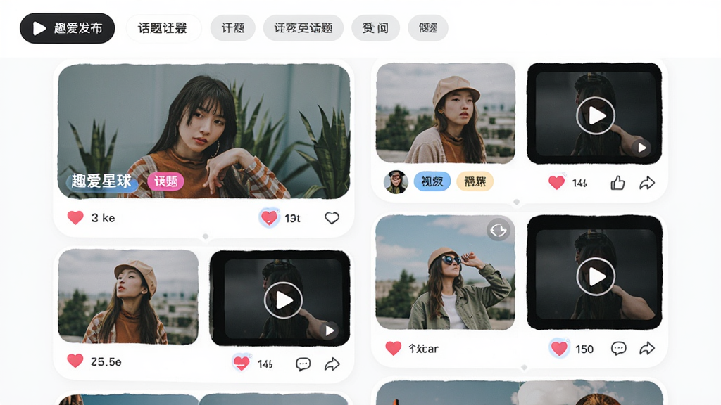 趣爱星球动态社区界面,展示用户发布的生活照片和短视频卡片瀑布流,每张卡片下方有点赞评论图标,顶部有发布按钮和话题标签,布局为双列瀑布流,风格简约时尚,细节包含圆角图片、心形点赞动画、话题标签高亮,画质高清,干净无多余元素