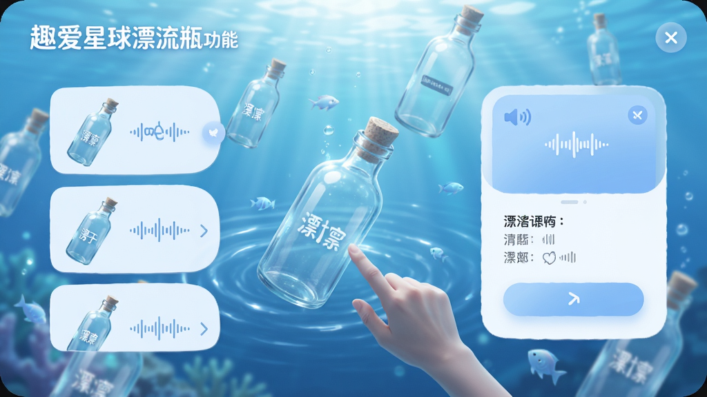 趣爱星球漂流瓶功能界面,海洋背景中漂浮着多个精致的玻璃瓶,每个瓶子内显示不同的文字和语音波形图标,一位用户正在点击捞取瓶子,画面布局左侧为瓶子列表右侧为详情卡片,风格梦幻治愈,细节包含水波纹光影、柔和蓝色调、圆角卡片,画质清晰,干净无多余元素