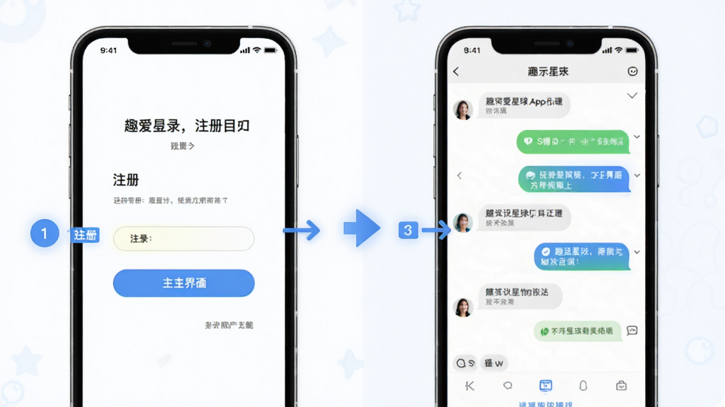 趣爱星球App操作指南示意图,手机屏幕展示注册登录流程和主界面功能分区,左侧为注册页面右侧为聊天界面,布局为左右对比展示,风格简洁教程风,细节包含箭头指引、步骤数字标注、高亮按钮,画质清晰,干净无多余元素