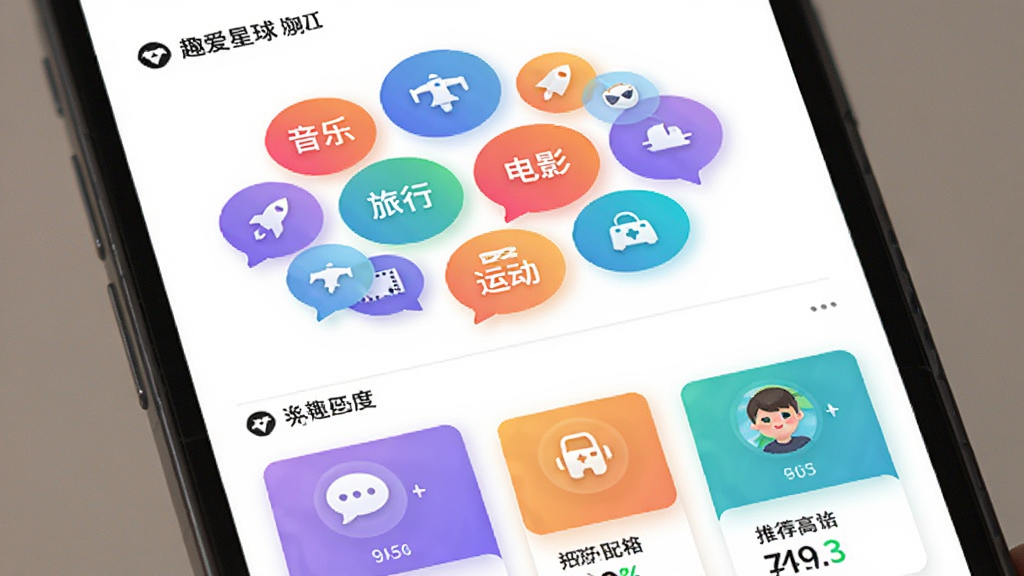 趣爱星球兴趣匹配页面,手机屏幕上展示多个兴趣标签如音乐、旅行、电影、运动等以彩色气泡形式排列,系统正在推送匹配度高的用户卡片,布局为标签云在上推荐卡片在下,风格清新明快,细节包含渐变色彩、圆形图标、匹配百分比数字,画质清晰,干净无多余元素