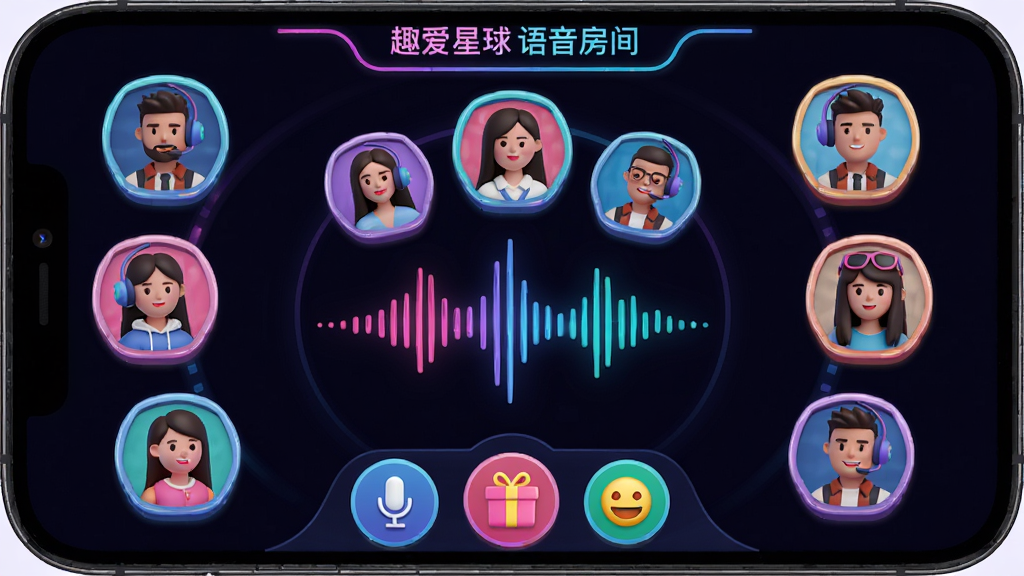 趣爱星球语音房间界面,展示一个多人在线语音聊天室的手机截图,房间内有八个用户头像环绕排列,中央显示声波动态效果,底部有麦克风、礼物和表情按钮,布局为顶部房间标题中间头像环底部操作栏,风格现代活泼,细节包含霓虹光效、立体头像框、动感声波,画质高清,干净无多余元素