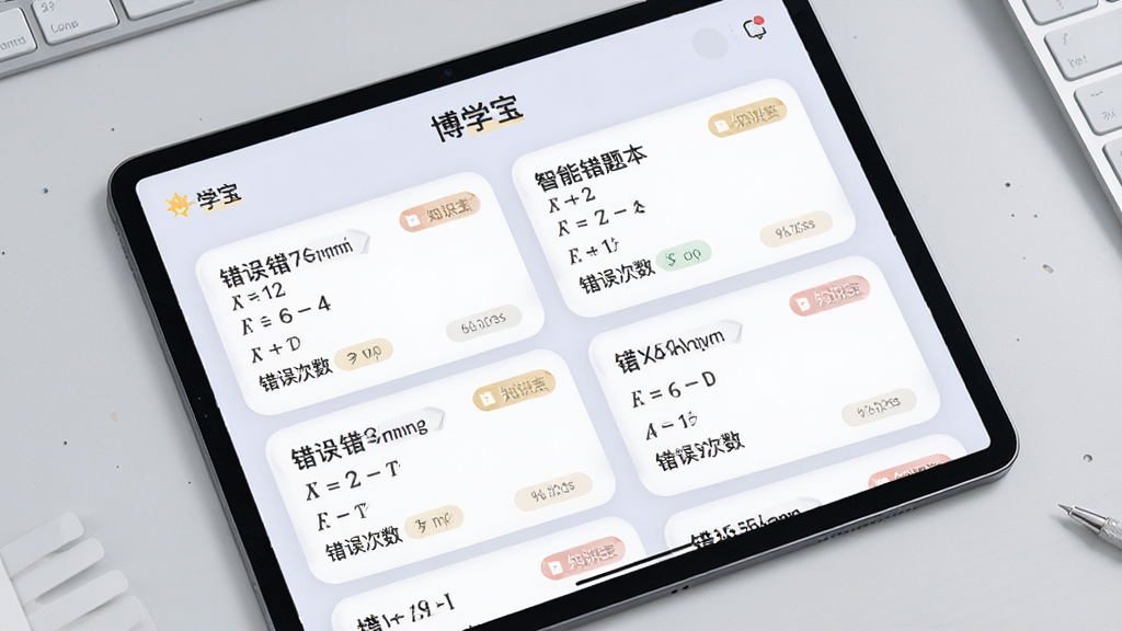一张展示“博学宝”智能错题本功能的图片,画面中是一块平板电脑屏幕,屏幕上以卡片形式列出多道数学错题,每道题旁边标注了错误次数和知识点标签,界面配色柔和,卡片圆角设计,背景为浅灰色桌面,整体风格清爽,画质清晰,干净,无多余元素