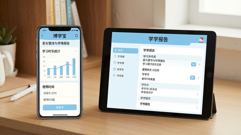 一张展示“博学宝”家长管控与学情报告界面的图片,画面中是一部手机和一台平板电脑,手机屏幕上显示学习时长统计图表与使用时间设置选项,平板屏幕上显示学情报告页面,界面风格温馨,配色以浅蓝和白色为主,背景是家庭书桌一角,画质清晰,干净,无多余元素
